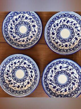 4 Vtg Casa Rugerio Floral Talavera 10” Dinner Plates Blue White Puebla Mexico